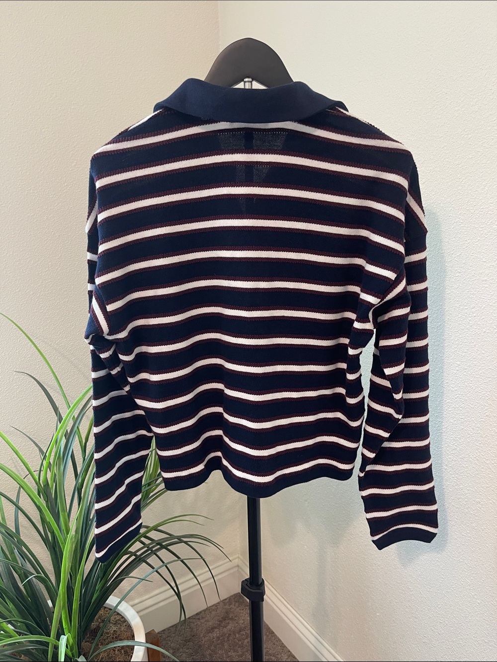 Madewell Navy, White & Burgundy Striped Polo-Style Long Sleeve Top - Picture 3 of 8